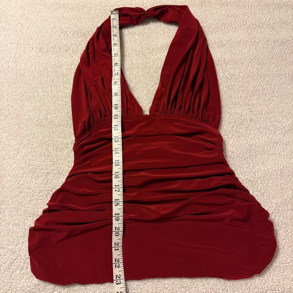 Norma Kamali Ruched Halter Tank Top Burgundy Deep Red V Neck - Picture 4 of 9